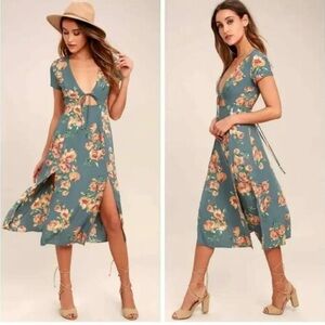 Lulus Floral Teal Midi Dress Summer Edit Sz XS